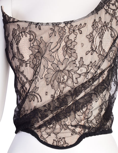 Vivienne Westwood AW 1996 Gold Label Asymmetrical One Shoulder Black Lace Overlay Illusion Corset Top