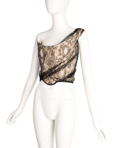 Vivienne Westwood AW 1996 Gold Label Asymmetrical One Shoulder Black Lace Overlay Illusion Corset Top