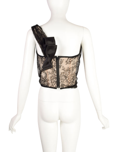 Vivienne Westwood AW 1996 Gold Label Asymmetrical One Shoulder Black Lace Overlay Illusion Corset Top