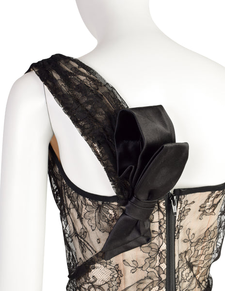 Vivienne Westwood AW 1996 Gold Label Asymmetrical One Shoulder Black Lace Overlay Illusion Corset Top