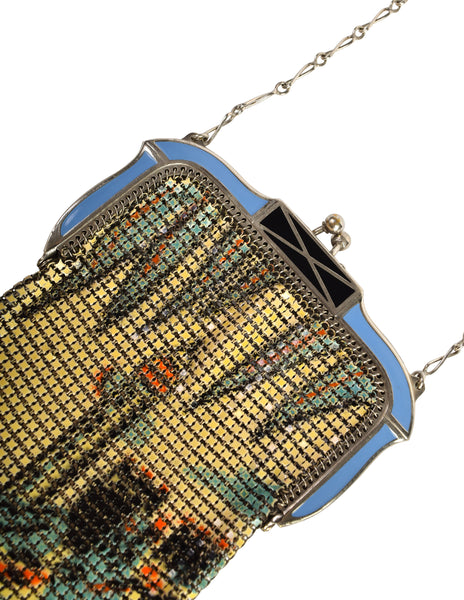 Whiting and Davis Vintage Lighthouse Blue Cream Deco Painted Enamel Metal Mesh Mini Handbag