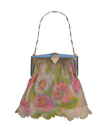 Whiting and Davis Vintage Colorful Floral Art Deco Chainmail Mesh Dresden Handbag