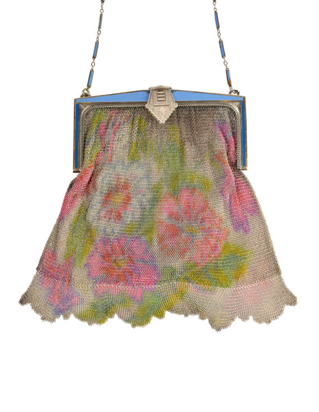 Whiting and Davis Vintage Colorful Floral Art Deco Chainmail Mesh Dresden Handbag