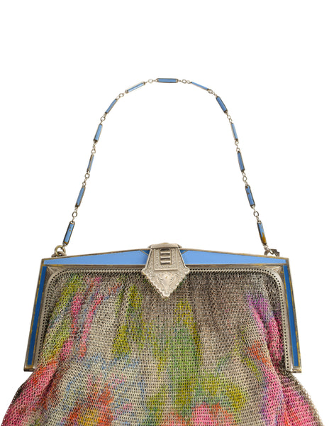 Whiting and Davis Vintage Colorful Floral Art Deco Chainmail Mesh Dresden Handbag