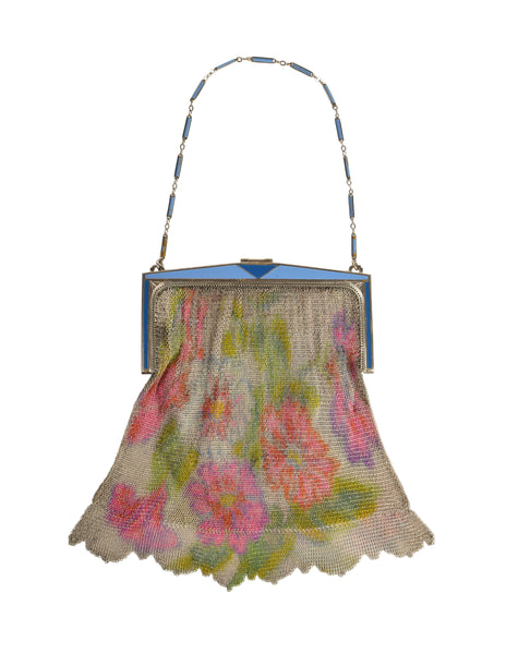 Whiting and Davis Vintage Colorful Floral Art Deco Chainmail Mesh Dresden Handbag