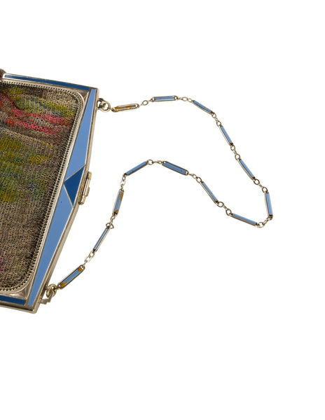 Whiting and Davis Vintage Colorful Floral Art Deco Chainmail Mesh Dresden Handbag