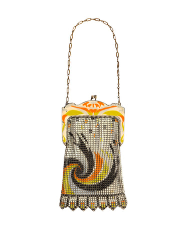 Whiting and Davis Vintage Orange Yellow Black Deco Painted Enamel Metal Mesh Mini Handbag