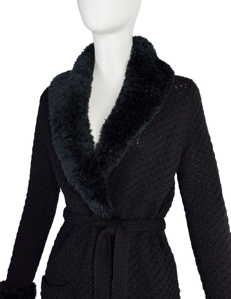 Yves Saint Laurent Vintage 1970s Black and Green Knit Wool fringed Collar Wrap Sweater
