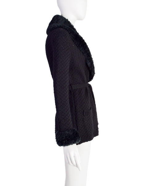 Yves Saint Laurent Vintage 1970s Black and Green Knit Wool fringed Collar Wrap Sweater