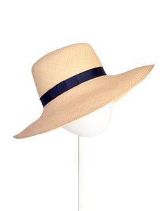 Yves Saint Laurent Vintage 1970s Beige Straw Wide Brim Hat with Navy Blue Ribbon