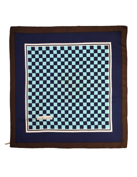 Yves Saint Laurent Vintage 1960s Blue and Brown Checkerboard Silk Scarf