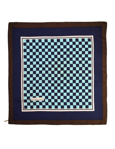 Yves Saint Laurent Vintage 1960s Blue and Brown Checkerboard Silk Scarf