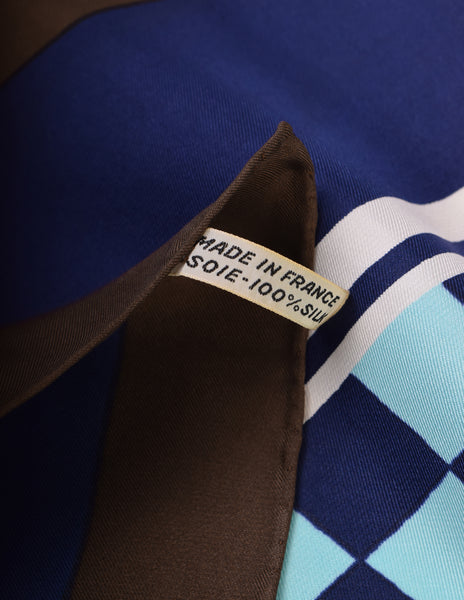 Yves Saint Laurent Vintage 1960s Blue and Brown Checkerboard Silk Scarf