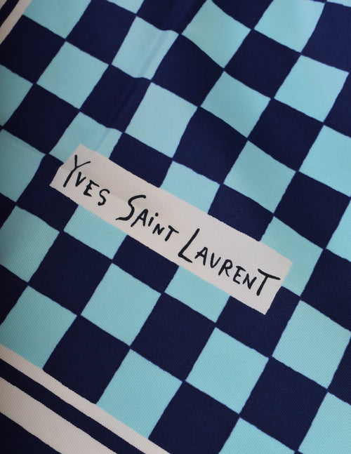 Yves Saint Laurent Vintage 1960s Blue and Brown Checkerboard Silk Scar Amarcord Vintage Fashion