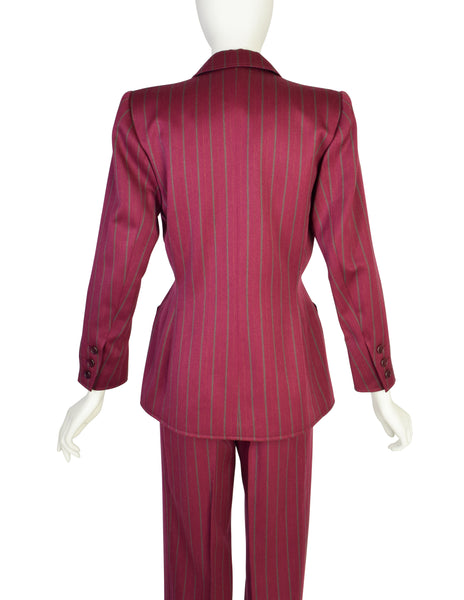 Yves Saint Laurent Vintage 1970s Burgundy Pinstripe Double Breasted Jacket and Trouser Pant Suit