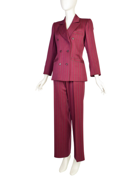 Yves Saint Laurent Vintage 1970s Burgundy Pinstripe Double Breasted Jacket and Trouser Pant Suit
