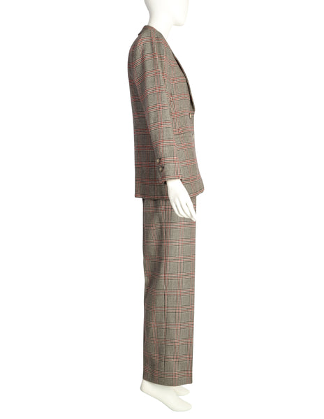 Yves Saint Laurent Vintage AW 1983 Beige Burgundy Houndstooth Plaid Jacket and Trouser Pant Suit