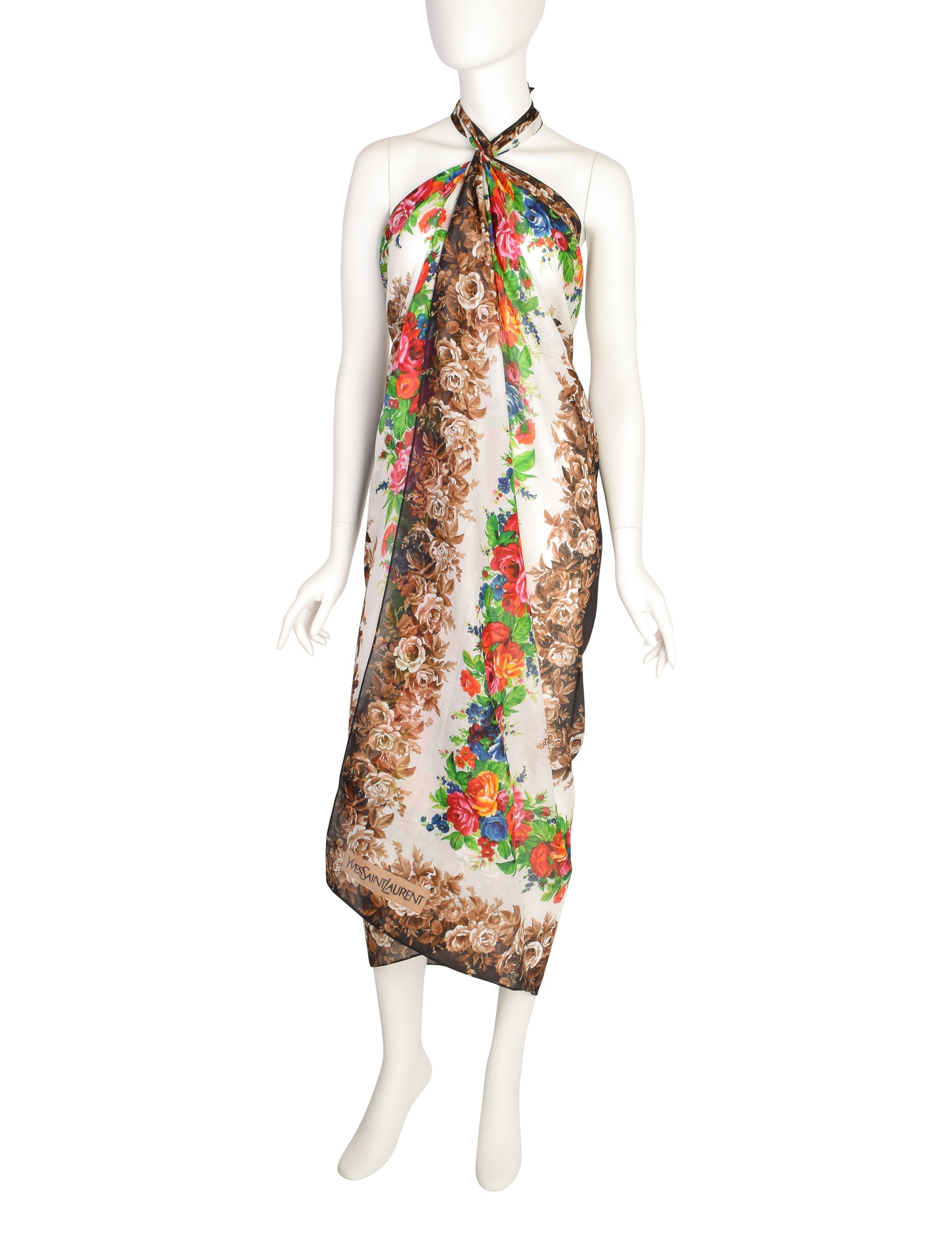 Yves Saint Laurent Vintage 1977 Rose Floral Print Oversized Cotton Pareo Sarong Wrap Scarf