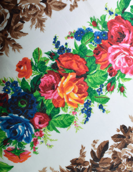 Yves Saint Laurent Vintage 1977 Rose Floral Print Oversized Cotton Pareo Sarong Wrap Scarf