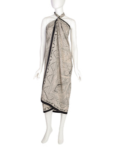 Yves Saint Laurent Vintage 1977 Black Cream Floral Paisley Oversized Silk Wrap Scarf