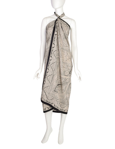 Yves Saint Laurent Vintage 1977 Black Cream Floral Paisley Oversized Silk Wrap Scarf