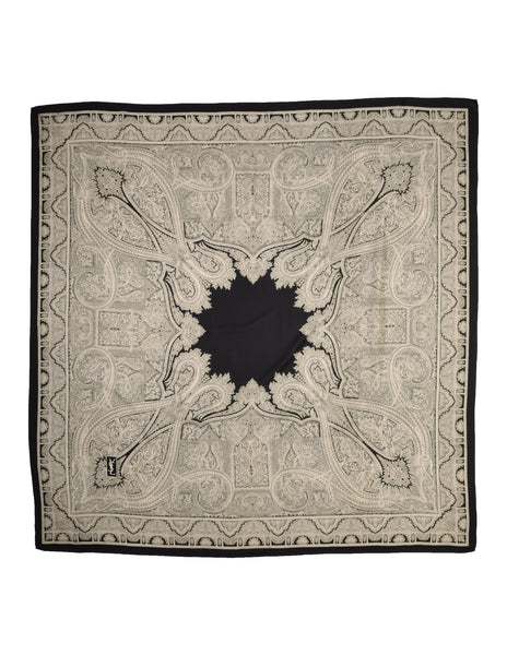 Yves Saint Laurent Vintage 1977 Black Cream Floral Paisley Oversized Silk Wrap Scarf