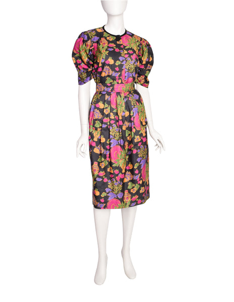 Yves Saint Laurent Vintage Floral Vase Print Silk Top and Skirt Set