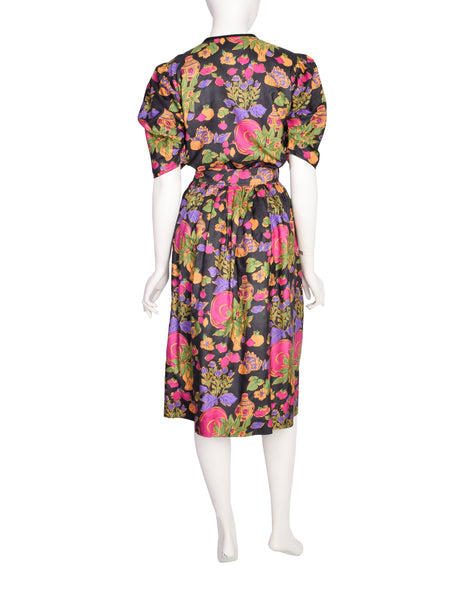 Yves Saint Laurent Vintage Floral Vase Print Silk Top and Skirt Set