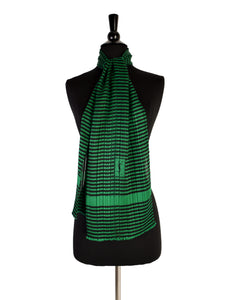 Yves Saint Laurent Vintage Green Black Striped Jacquard YSL Logo Rectangular Oblong Silk Scarf