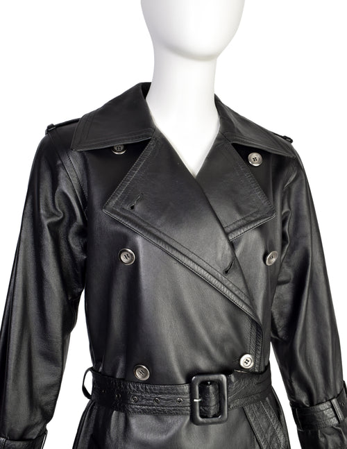 Saint Laurent - Double-Breasted Leather Trench Coat - Women - Lamb Skin/Fabric - 36 - Black