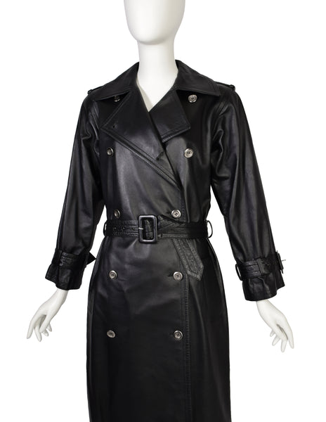 Yves Saint Laurent Vintage 1970s Black Lambskin Leather Double Breasted Trench Coat