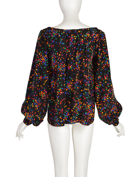 Yves Saint Laurent Vintage SS 1984 Black Multicolor Confetti Dot Print Silk Bishop Sleeve Shirt