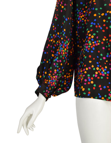 Yves Saint Laurent Vintage SS 1984 Black Multicolor Confetti Dot Print Silk Bishop Sleeve Shirt