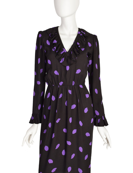 Yves Saint Laurent Vintage 1970s Black Purple Leaf Print Ruffle Dress