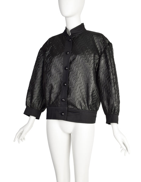 Yves Saint Laurent Vintage SS 1984 Black Brocade Metallic Puff Sleeve Jacket