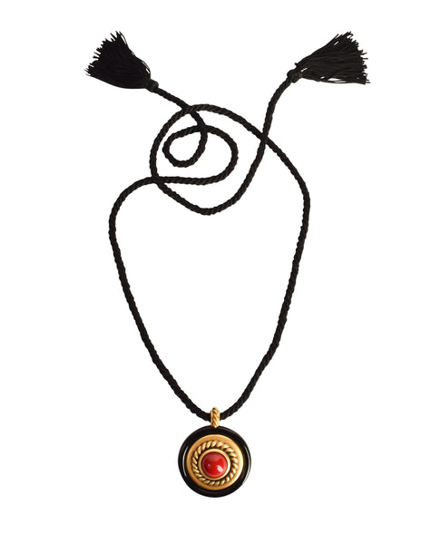Yves Saint Laurent Vintage 1983 Black Red Gold Cabochon Pendant Rope Necklace