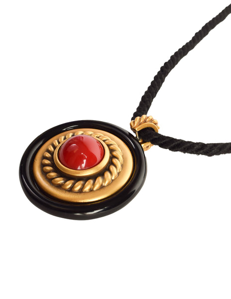 Yves Saint Laurent Vintage 1983 Black Red Gold Cabochon Pendant Rope Necklace