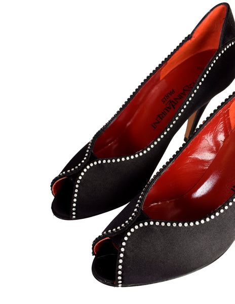 Yves Saint Laurent Vintage Black Satin Rhinestone Trimmer Peep Toe Heels