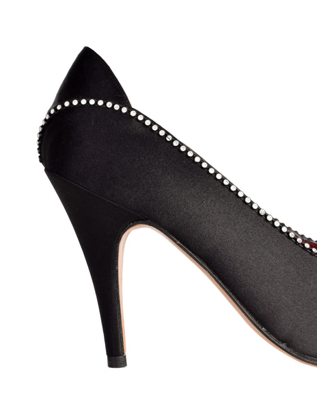 Yves Saint Laurent Vintage Black Satin Rhinestone Trimmer Peep Toe Heels