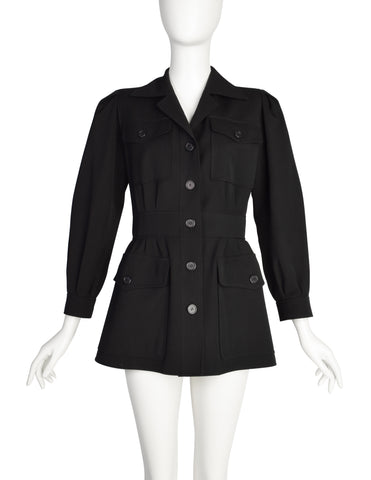 Yves Saint Laurent Vintage Black Wool Gabardine Safari Style Jacket