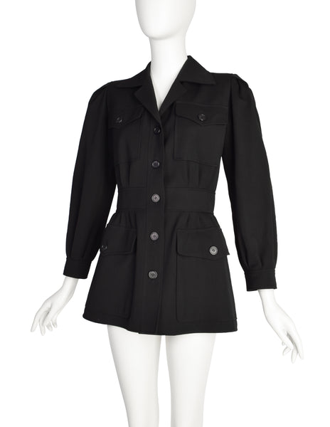 Yves Saint Laurent Vintage Black Wool Gabardine Safari Style Jacket