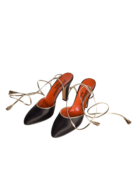 Yves Saint Laurent Vintage 1977 Spanish Collection Black Satin Bronze Leather Ankle Wrap Heels