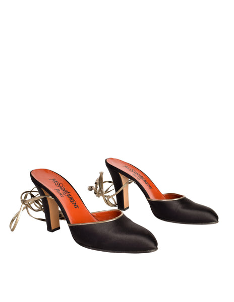 Yves Saint Laurent Vintage 1977 Spanish Collection Black Satin Bronze Leather Ankle Wrap Heels
