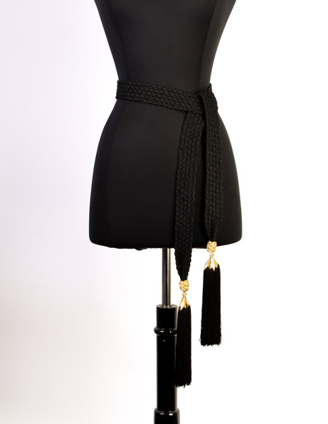 YSL Vintage Black and Gold Braided Cord and Tassel Tie Belt