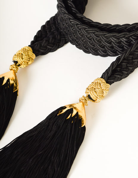 YSL Vintage Black and Gold Braided Cord and Tassel Tie Belt