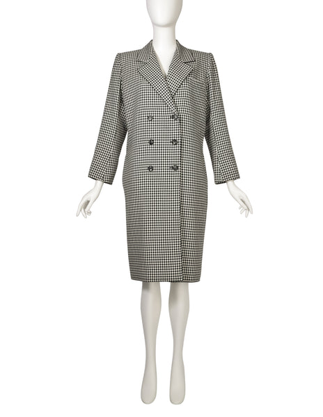 Yves Saint Laurent Vintage SS 1984 Black White Houndstooth Wool Double Breasted Coat