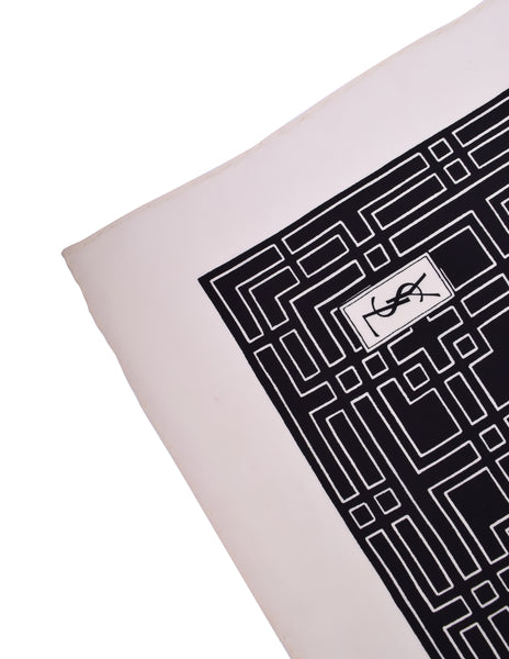 Yves Saint Laurent Vintage YSL Black White Geometric Tile Print Silk Scarf