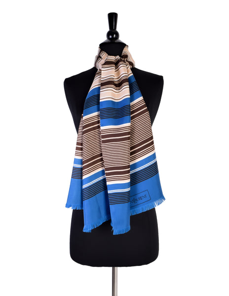 Yves Saint Laurent Vintage Blue Brown Striped Oblong Rectangular Scarf