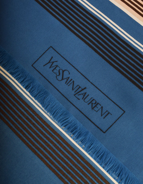 Yves Saint Laurent Vintage Blue Brown Striped Oblong Rectangular Scarf
