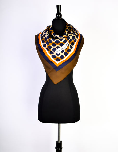 Yves Saint Laurent Vintage Brown Orange Blue Geometric Mod Silk Scarf